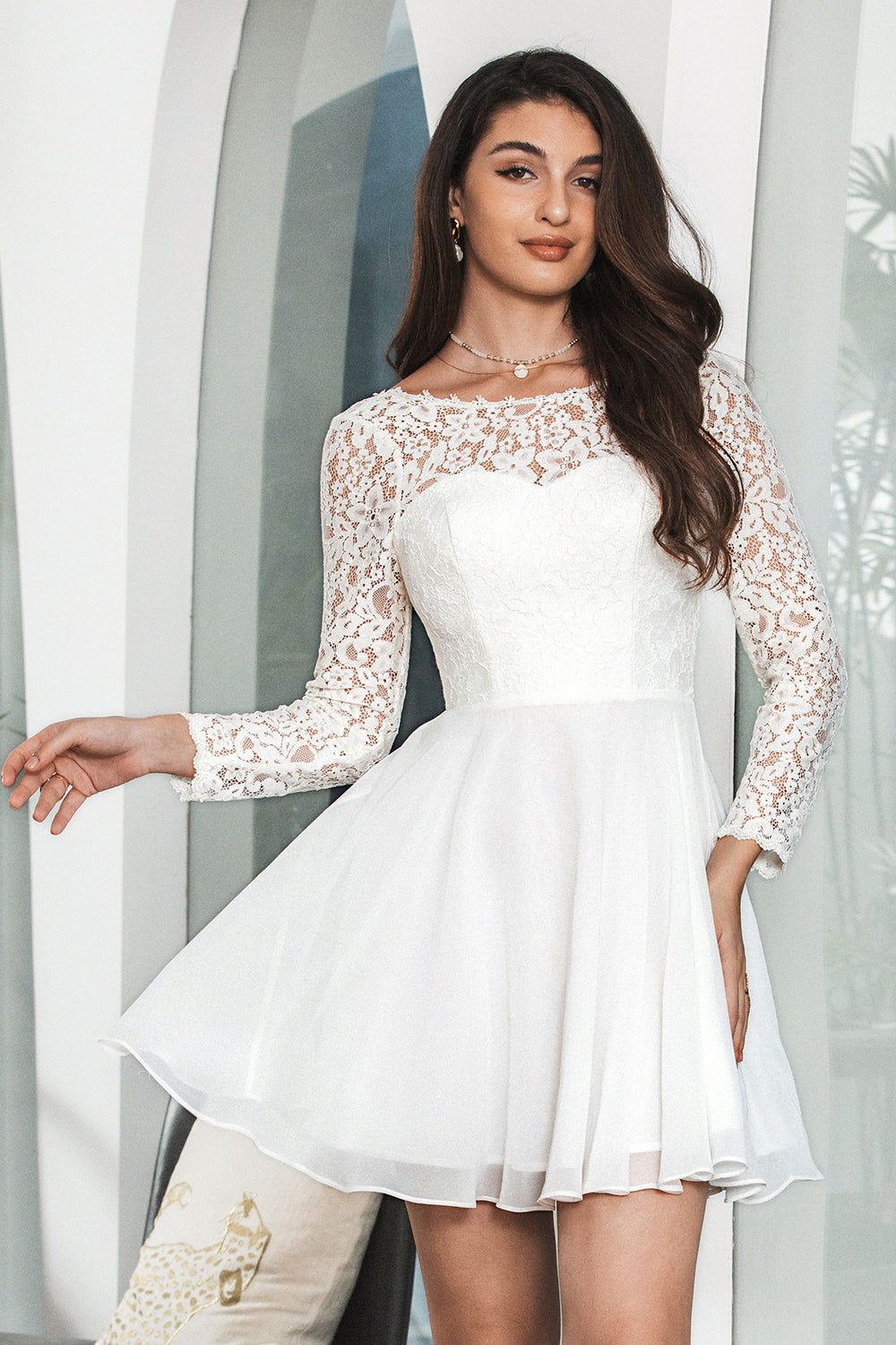 Zapaka Women Cute White Short Graduation Dress Long Sleeves Bateau Lace-Up Back Cocktail Dress with Lace ZAPAKA UK Zapaka Women Cute White Short Graduation Dress Long Sleeves Bateau Lace-Up Back Cocktail Dress with Lace ZAPAKA UK