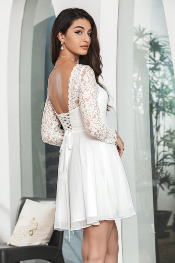 White Bateau Long Sleeves Backless Short Graduation Dress