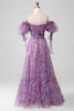 Load image into Gallery viewer, Purple A Line Print Lace-Up Long Prom Dress With Puff Sleeves
