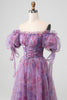 Load image into Gallery viewer, Purple A Line Print Lace-Up Long Prom Dress With Puff Sleeves