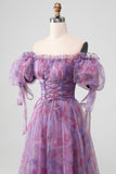 Purple A Line Print Lace-Up Long Prom Dress With Puff Sleeves