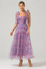 Load image into Gallery viewer, Purple A Line Pleated Printed Tea-Length Prom Dress