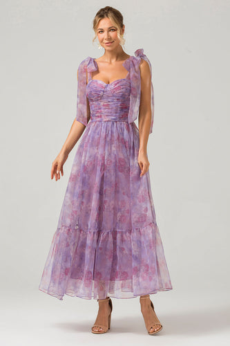 Purple A Line Pleated Printed Tea-Length Prom Dress
