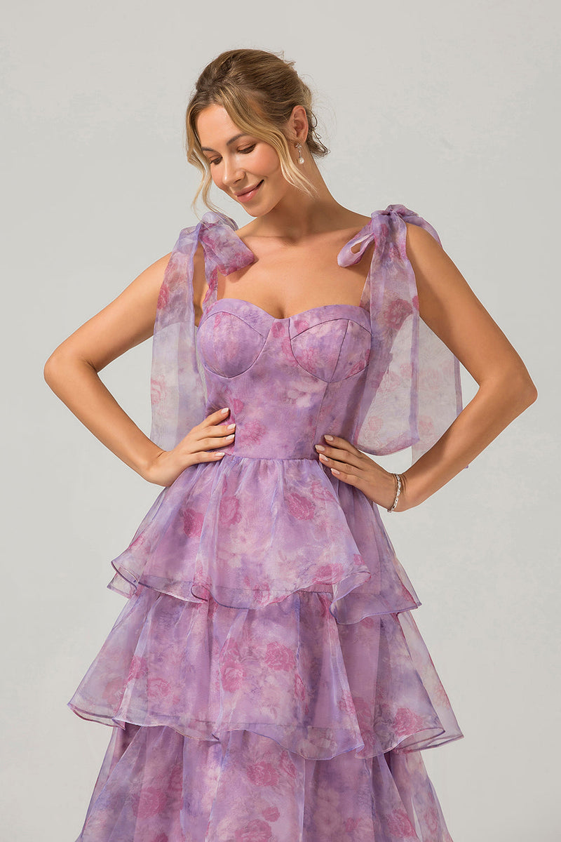 Load image into Gallery viewer, A Line Purple Printed Tiered Tea-Length Long Prom Dress