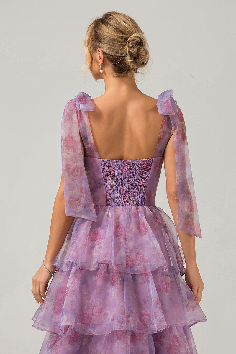Load image into Gallery viewer, A Line Purple Printed Tiered Tea-Length Long Prom Dress