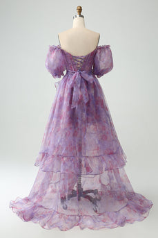 Purple A Line Square Neck Corset Prom Dress With Slit