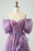Load image into Gallery viewer, Purple A Line Slit Corset Prom Dress With Sleeves