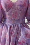 Purple A Line Slit Corset Prom Dress With Sleeves