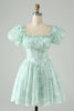 Load image into Gallery viewer, Light Green A Line Square Neck Floral Ruffle Short Graduation Dress with Puff Sleeves