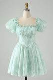 Light Green A Line Square Neck Floral Ruffle Short Graduation Dress with Puff Sleeves