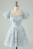 Load image into Gallery viewer, Sky Blue A Line Square Neck Print Floral Ruffle Short Graduation Dress with Puff Sleeves