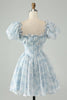 Load image into Gallery viewer, Sky Blue A Line Square Neck Print Floral Ruffle Short Graduation Dress with Puff Sleeves