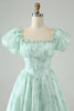 Load image into Gallery viewer, Light Green A Line Square Neck Floral Ruffle Short Graduation Dress with Puff Sleeves