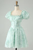 Load image into Gallery viewer, Light Green A Line Square Neck Floral Ruffle Short Graduation Dress with Puff Sleeves