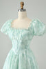 Load image into Gallery viewer, Light Green A Line Square Neck Floral Ruffle Short Graduation Dress with Puff Sleeves