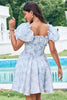 Load image into Gallery viewer, Sky Blue A Line Square Neck Print Floral Ruffle Short Graduation Dress with Puff Sleeves