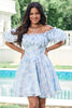 Load image into Gallery viewer, Sky Blue A Line Square Neck Print Floral Ruffle Short Graduation Dress with Puff Sleeves