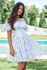 Load image into Gallery viewer, Sky Blue A Line Square Neck Print Floral Ruffle Short Graduation Dress with Puff Sleeves