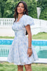 Load image into Gallery viewer, Sky Blue A Line Square Neck Print Floral Ruffle Short Graduation Dress with Puff Sleeves