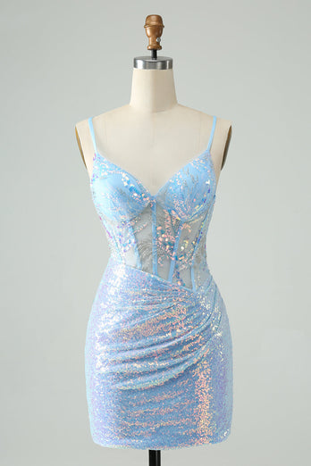 Glitter Light Blue Tight Spaghetti Straps Short Graduation Dress with Sequins