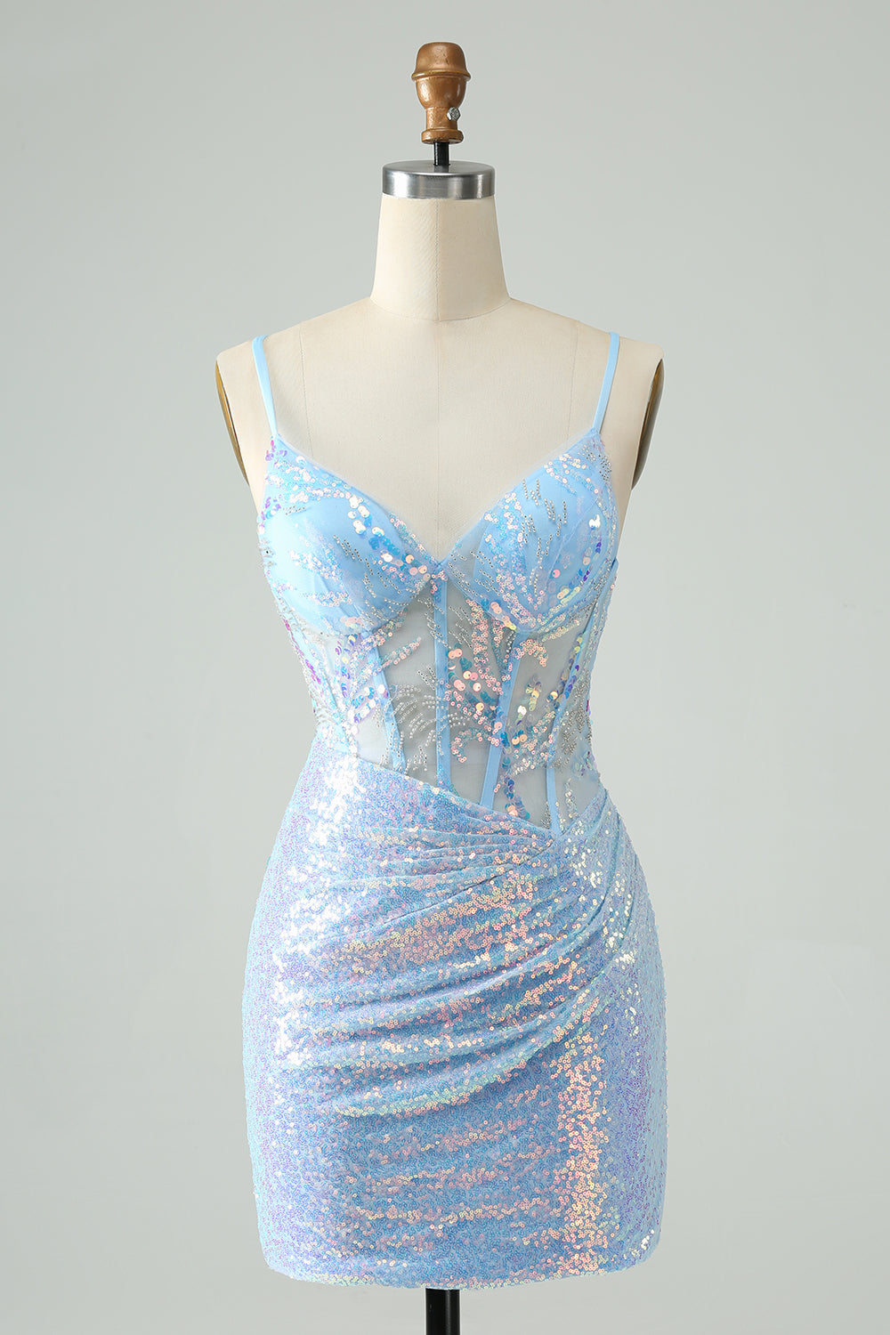 Glitter Light Blue Tight Spaghetti Straps Short Graduation Dress with Sequins