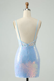Glitter Light Blue Tight Spaghetti Straps Short Graduation Dress with Sequins