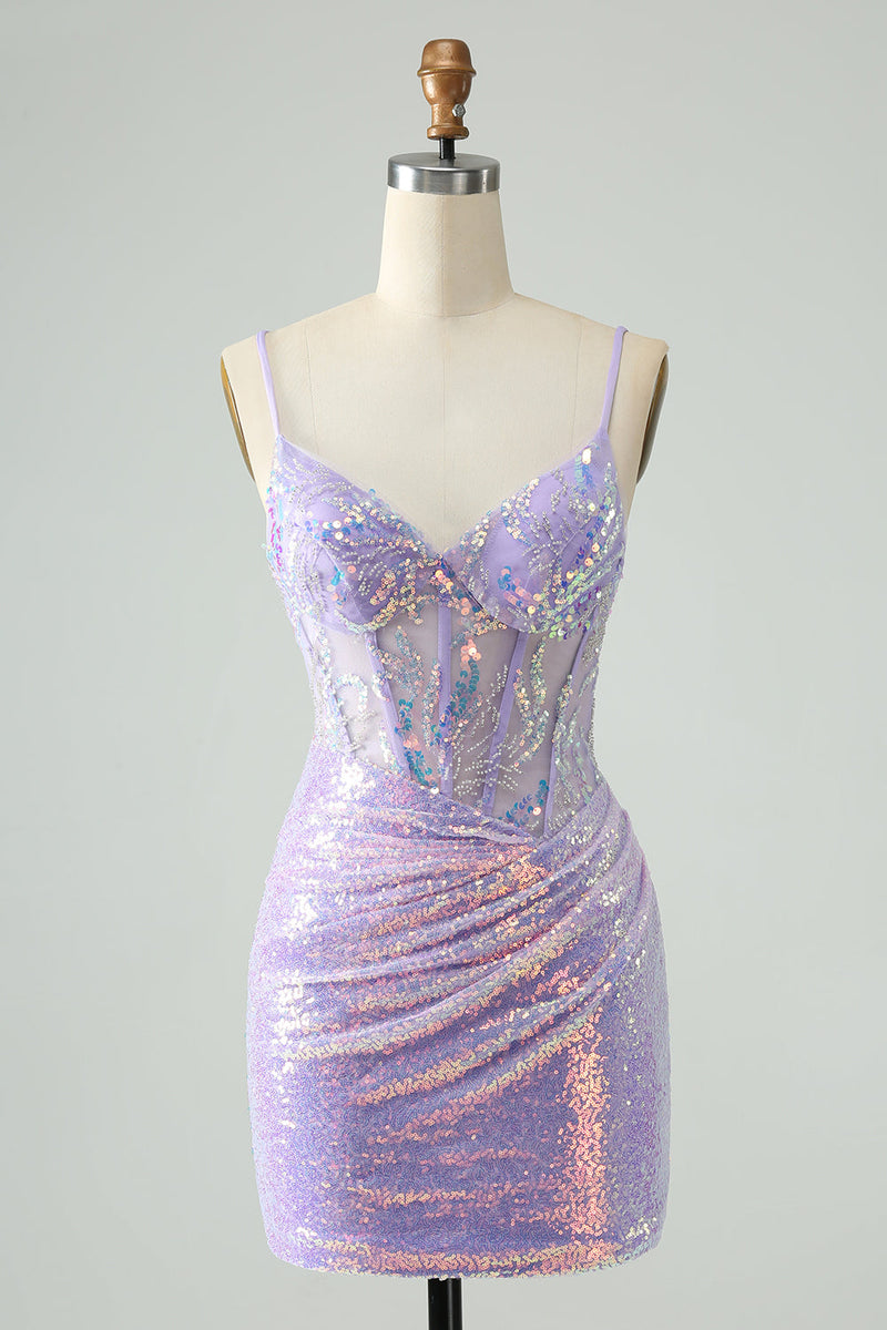 Load image into Gallery viewer, Glitter Light Blue Tight Spaghetti Straps Short Graduation Dress with Sequins