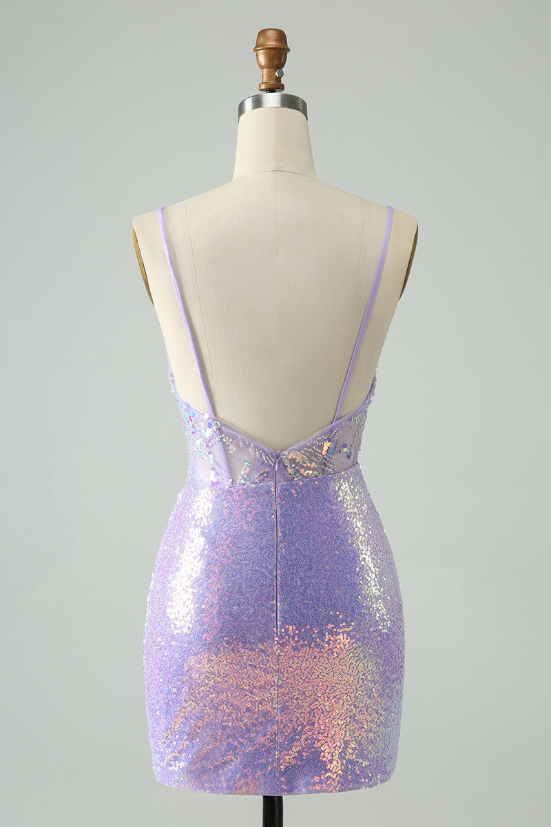 Load image into Gallery viewer, Glitter Light Blue Tight Spaghetti Straps Short Graduation Dress with Sequins