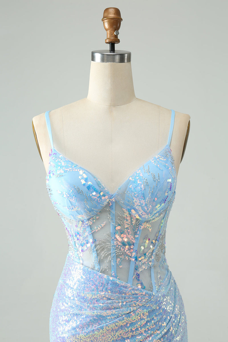 Load image into Gallery viewer, Glitter Light Blue Tight Spaghetti Straps Short Graduation Dress with Sequins