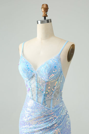 Glitter Light Blue Tight Spaghetti Straps Short Graduation Dress with Sequins