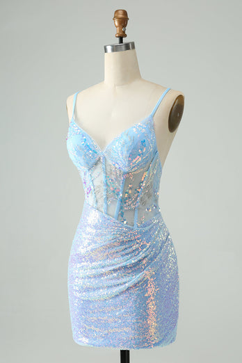 Glitter Light Blue Tight Spaghetti Straps Short Graduation Dress with Sequins