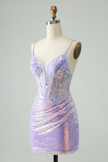 Glitter Light Blue Tight Spaghetti Straps Short Graduation Dress with Sequins