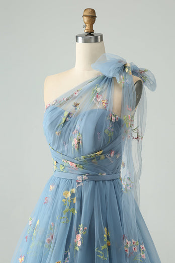 Grey Blue A Line One Shoulder Tulle Short Graduation Dress with Floral Embroidery