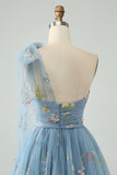 Grey Blue A Line One Shoulder Tulle Short Graduation Dress with Floral Embroidery