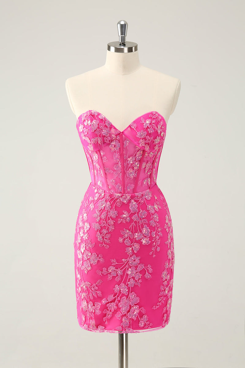 Load image into Gallery viewer, Sparkly Fuchsia Sweetheart Corset Graduation Dress with Appliques