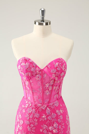 Sparkly Fuchsia Sweetheart Corset Graduation Dress with Appliques