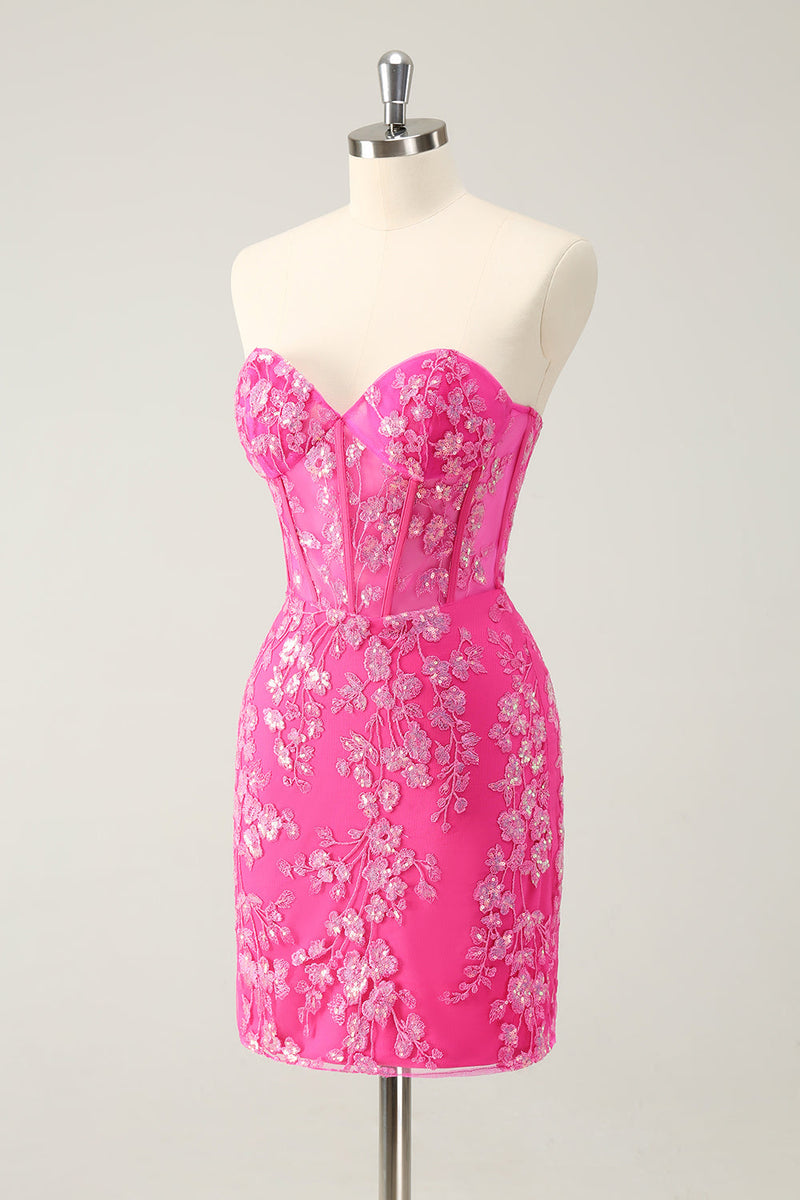 Load image into Gallery viewer, Sparkly Fuchsia Sweetheart Corset Graduation Dress with Appliques