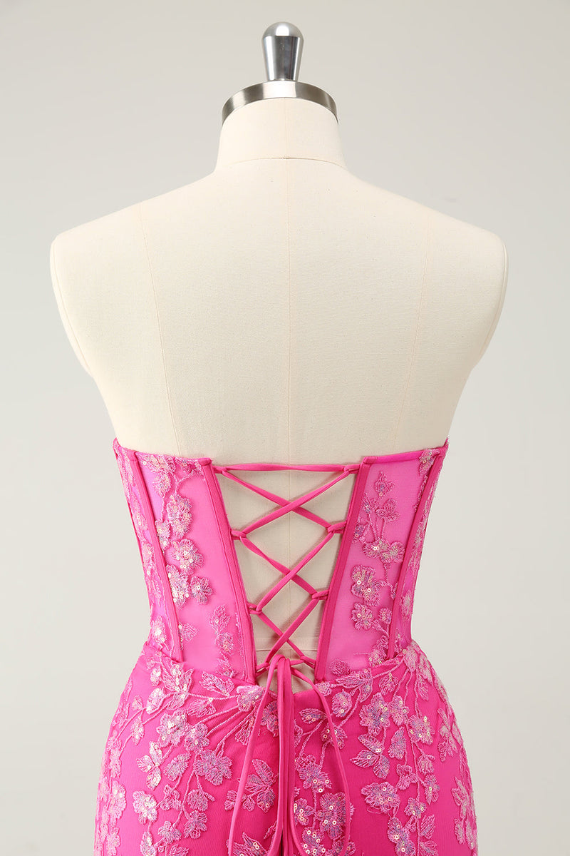 Load image into Gallery viewer, Sparkly Fuchsia Sweetheart Corset Graduation Dress with Appliques