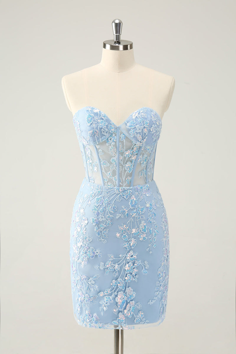 Load image into Gallery viewer, Light Blue Corset Sequins Sweetheart Short Tight Graduation Dress with Lace-up Back