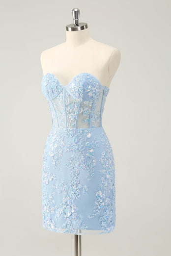 Light Blue Corset Sequins Sweetheart Short Tight Graduation Dress with Lace-up Back