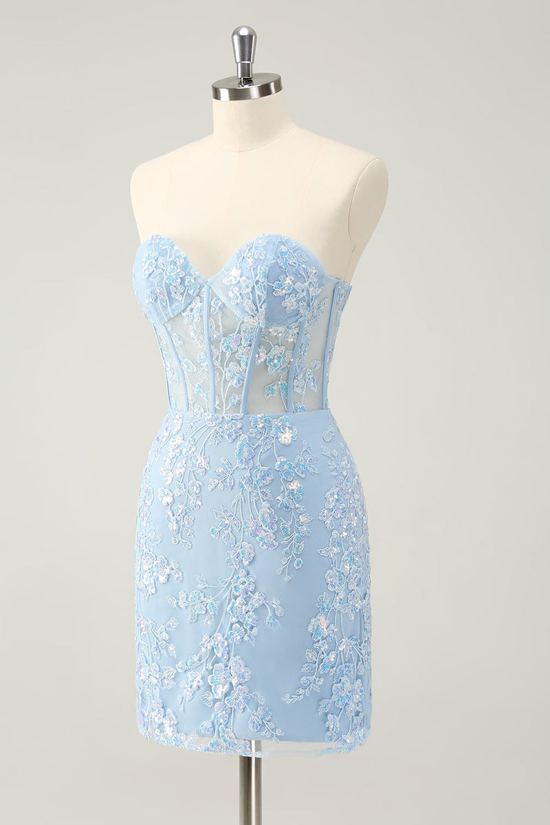 Load image into Gallery viewer, Light Blue Corset Sequins Sweetheart Short Tight Graduation Dress with Lace-up Back