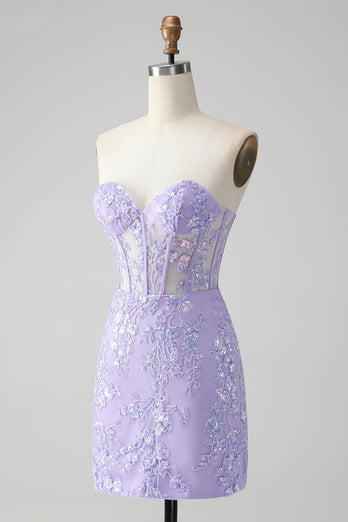 Lilac Corset Sequins Sweetheart Short Embroidery Graduation Dress with Lace-up Back