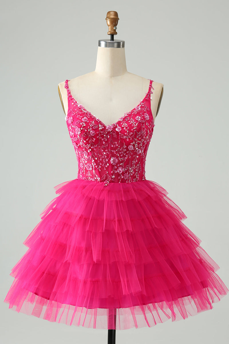 Load image into Gallery viewer, Hot Pink A Line Spaghetti Straps Tulle Tiered Short Graduation Dress