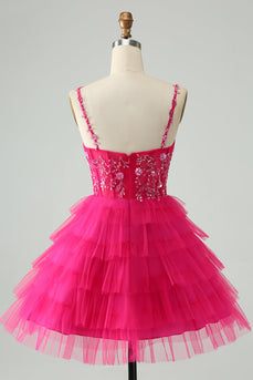 Hot Pink A Line Spaghetti Straps Tulle Tiered Short Graduation Dress