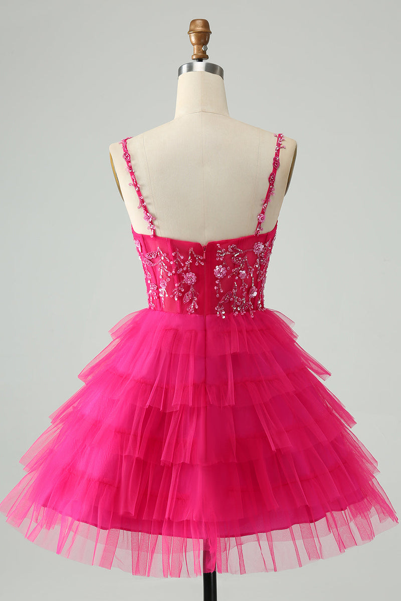 Load image into Gallery viewer, Hot Pink A Line Spaghetti Straps Tulle Tiered Short Graduation Dress