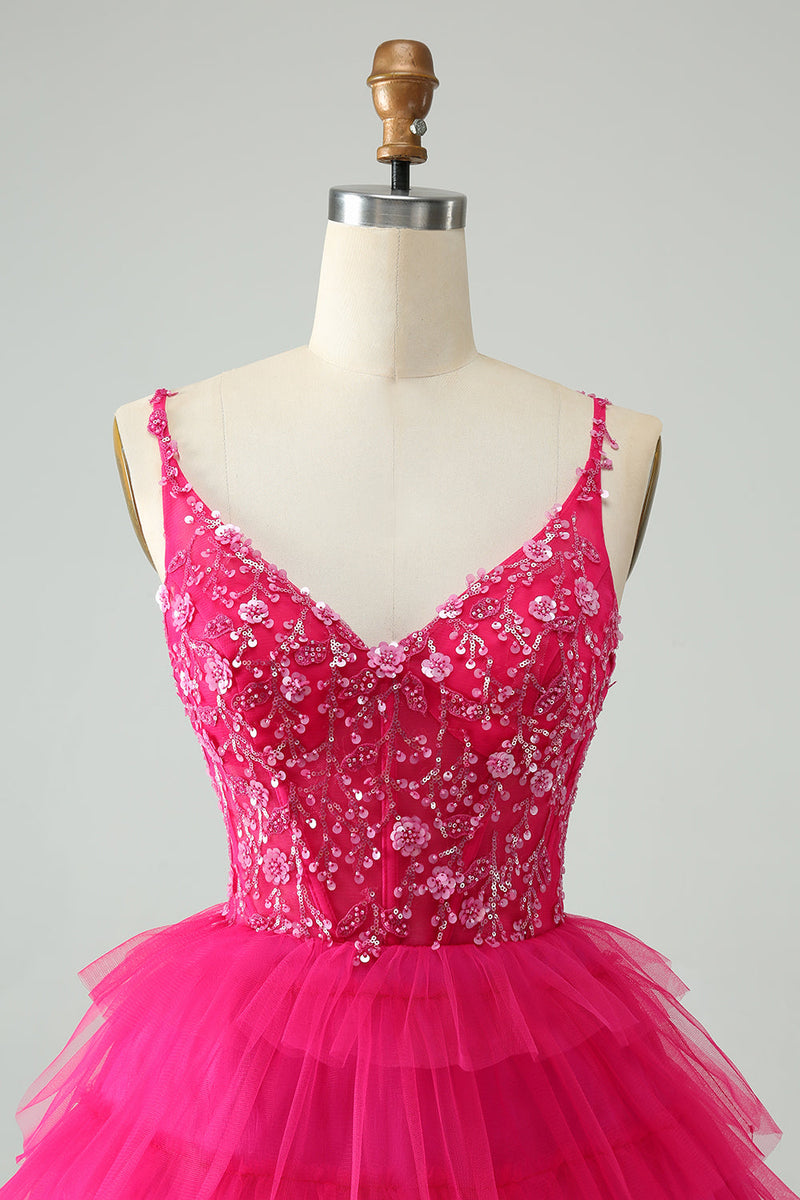 Load image into Gallery viewer, Hot Pink A Line Spaghetti Straps Tulle Tiered Short Graduation Dress