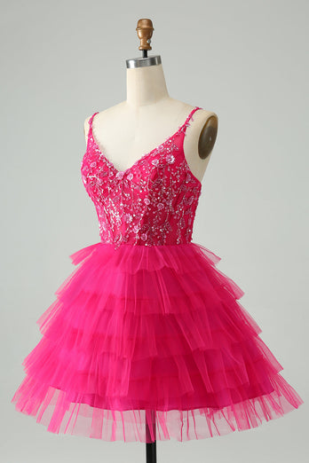 Hot Pink A Line Spaghetti Straps Tulle Tiered Short Graduation Dress