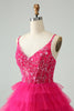 Load image into Gallery viewer, Hot Pink A Line Spaghetti Straps Tulle Tiered Short Graduation Dress