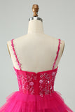 Hot Pink A Line Spaghetti Straps Tulle Tiered Short Graduation Dress