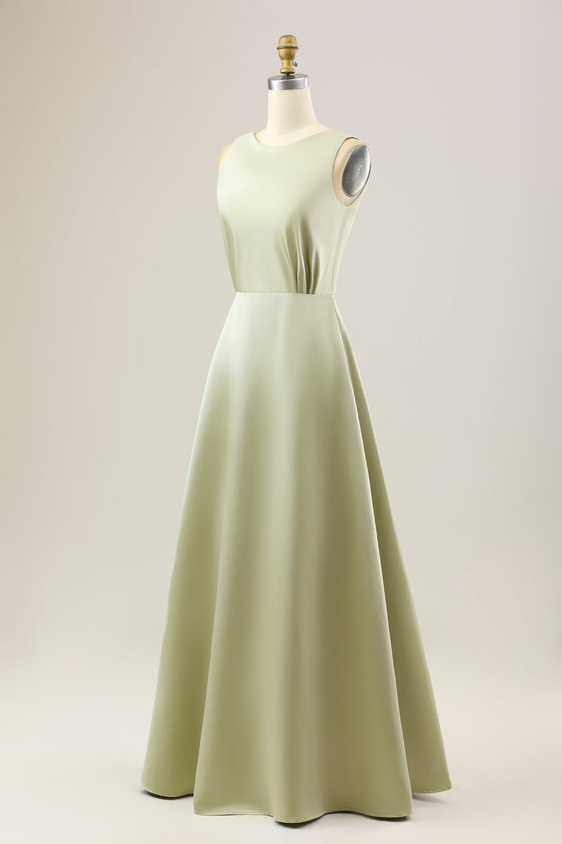 Load image into Gallery viewer, Dusty Sage A Line Long Satin Bridesmaid Dress